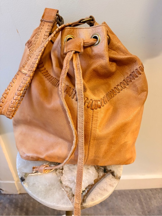Day & Mood Handbags - Anthropology Tan Leather Drawstring Hobo Bag with Whipstitch Detail